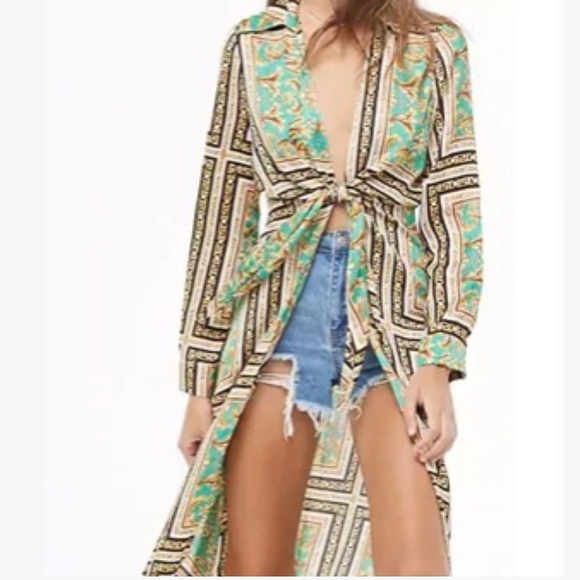 RARE • FORVER 21 • Gorgeous Baroque Maxi Coat Duster Green, Gold, Black & White - Picture 15 of 16